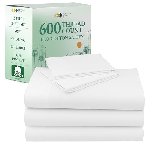 California Design Den Split King Sheet Set - 100% Cotton, 600 Thread Count, Breathable Luxury King Size Sheets for Adjustable Bed, Luxury Soft Hotel-Quality, Sateen Weave - Bright White