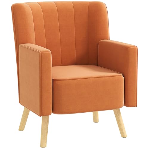 HOMCOM Poltrona d'Arredo Moderna in Tessuto Effetto Velluto, Poltrona da Soggiorno con Schienale Inclinato e Scanalato, 70x76x92 cm, Marrone