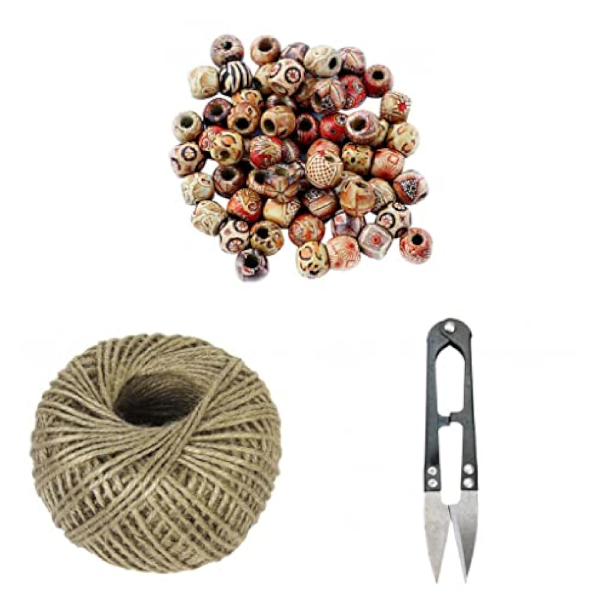 100 Piece Mixed 12mm Wooden Beads with Jute Twine Cord