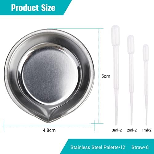12 Paint Makeup Metal Mixing Palette Round Stainless Steel Paint Tray 1.97 in Diameter with 6 Dropper for Watercolours Oil Water Paint