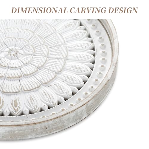Hanobe Round Decorative Coffee Tray: White Wooden Carved Boho Serving Platter - Farmhouse Style Circle Wood Centrepiece for Counter and Ottoman - Image 3