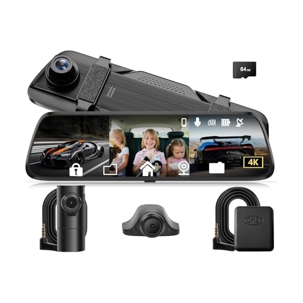 12″ Mirror Dash Cam 4K Rear View Mirror Camera Smart Full Touch Screen, Front Rear and Interior Triple Recording, with 64GB Card, WiFi, GPS, Reverse Assist