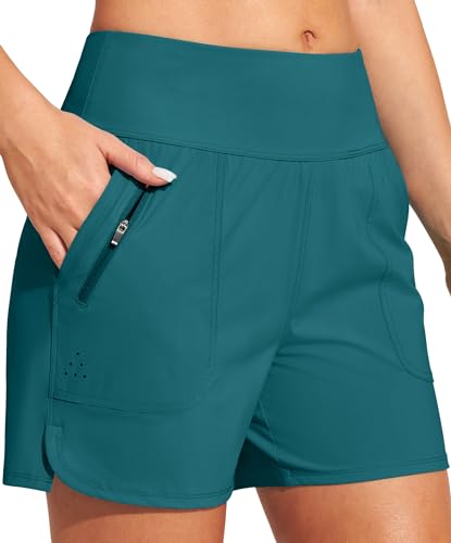 Image of Heathyoga 5 inch Swim Board Shorts Women Stretchy High Waisted Bathing Suits Bottoms Quick Dry UPF 50+ Beach Shorts with Liner