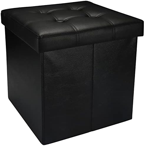 EYLAEM Ottoman with Storage, 15 Inches Footrest Stool Cube Boxes, Folding Ottomans with Foam Padded Seat, Storage Chest, Coffee Table/Puppy Step, Max Static Load 380 lbs, Faux Leather Black