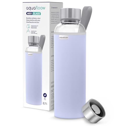 Aquafloow Bouteille d'eau, Brosilicate Étui en Néoprène 700 ml, Flacons d'eau en Verre avec Couvercle en Bambou, Sans BPA | Idéale pour Le Bureau, L'école, La Maison – Violet