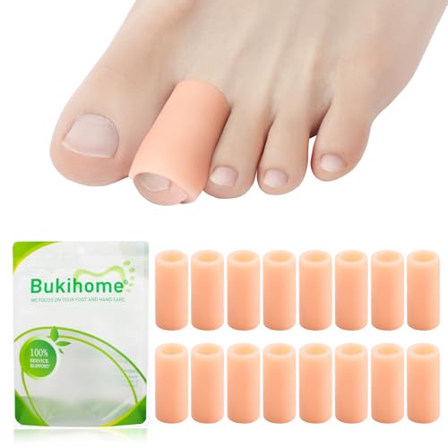 Bukihome Toe Protectors, Silicone Gel Toe Sleeves for Hammer Toes, Corns, Calluses, Blisters, Toe Tube Pads for Pain Relief with 16 Pack, Beige