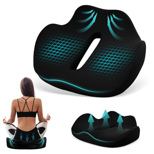 Cojin Silla Oficina, Cojín Antiescaras Transpirable con Asa Agujero, Cojin Coxis Ortopedico Hemorroides Antiescaras Ergonomico, Cojines para Sillas Comedor Cocina Asiento Coche Alivio Ciática (Negro)
