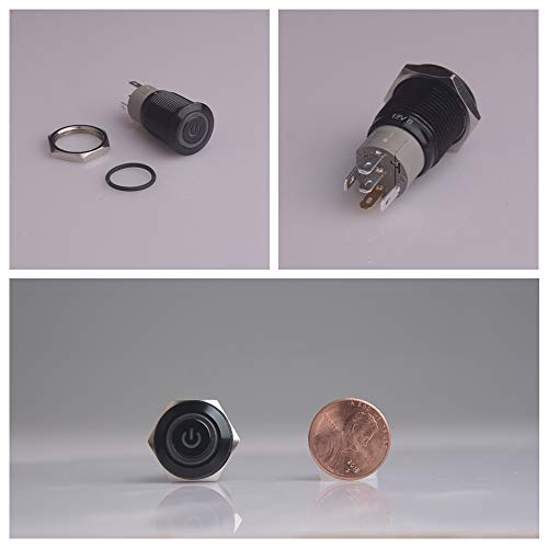 Taien 16Mm 5/8" Mounting Hole Latching Pushbutton Switch On/Off Power Symbol Black Metal Shell With Blue Led Light #TOP2