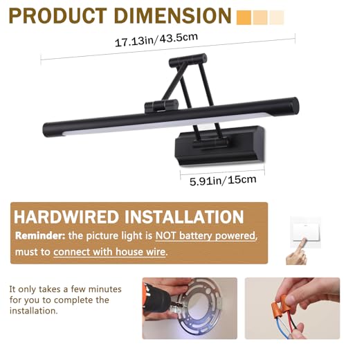 Image of 17 inch Picture Light Matte Black Hardwired Gallery Light 270 Rotation Led Poster Lights 95 CRI 3000K Non-Dimmable True-Color Cordless Art Lighting for Paintings, Display Cabinets,Bathroom.