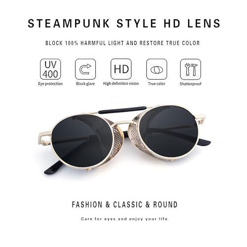 Image of RONSOU Steampunk Style Round Vintage Polarized Sunglasses Retro Eyewear UV400 Protection Matel Frame