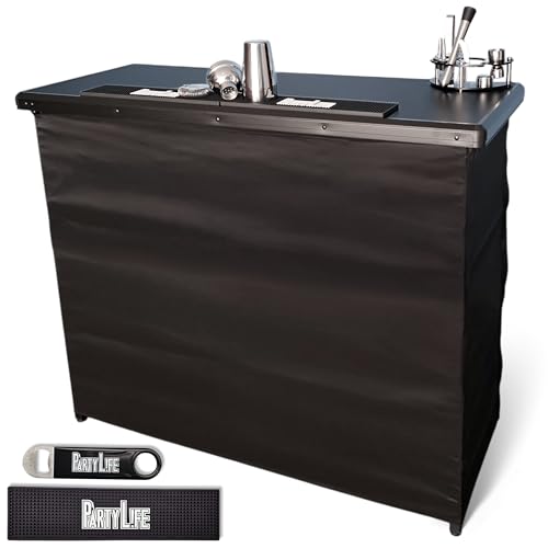Image of PartyLife 48 inch Premium Portable Bar Table w /Folding Legs, Black Fabric Bar Skirt, 2 Storage Shelves & 2 Carrying Bags | Commercial Grade | Strong & Sturdy - Black