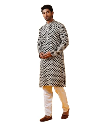 Image of SOJANYA (Since 1958 Men's Cotton Rayon Sequinned Embroidered Kurta with White Pyjama
