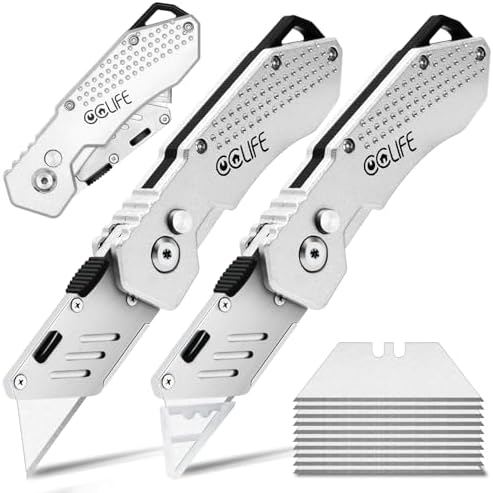 CCLIFE Cuttermesser Set 2 Klappmesser 10 Ersatzklingen Aluminium Silber | Klappbare Universalmesser mit Safety-Lock, Gürtelclip und langlebigen SK5-Klingen für Heimwerkstatt und Al