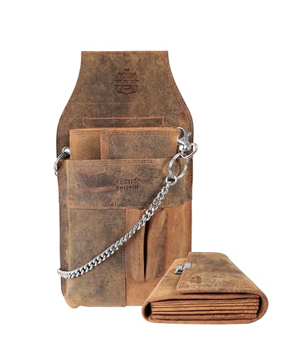 LEONARDO VERRELLI Kellner-Geldbörse aus Leder mit großem Münzfach Damen Herren Portemonnaie mit oder ohne Holster und Kette (Braun)