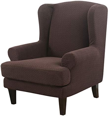 Wingback Chair Cover 2-Piece Stretch Jacquard Wing Chair Cover Twill Wing Chair Slipcover Solid Colour Armchair Cover Washable & Anti-wrinkle Sofa Cover Furniture Protector(Light gray)