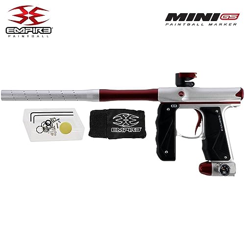 Maddog Empire Mini GS Electronic Full Auto Paintball Gun Marker w/ 48/3000 HPA Paintball Tank & Empire Halo Too Electronic Paintball Loader Starter Package - Dust Silver/Red - 2pc Barrel
