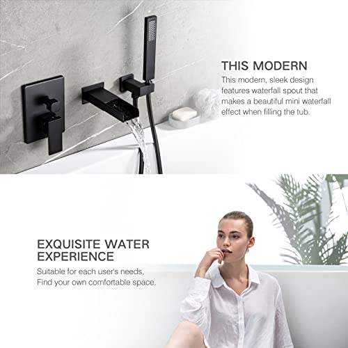 Taplong Wall Mounted Bathtub Faucet With Handheld Shower, Single Handle Tub Filler, 3 Holes Contemporary Waterfall Tub Faucet (Rough-In Valve And Trim Kit Included), Wall Mounted, Matte Black, 00141B #TOP4