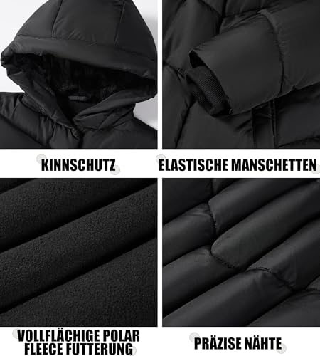 Sunny Sprout Winterjacke mit Kapuze für Mädchen - Lange gefütterte Pufferjacke mit winddichten Ärmeln für Kinder Schwarz 164