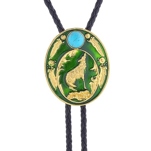 HUABOLA CALYN Bolo Tie for Men, Western Leather Wolf Round Shape Bolo Necklace, Vintage Cowboy Accessories for Women Men (Green) - Thumbnail 7