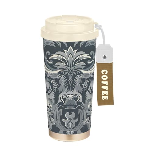 SKYSHU Highland Cow - Taza de café de viaje aislada de 17 onzas con tapa y pajita, vaso a prueba de derrames y fugas con correa de asa para bebidas calientes y frías, botella de agua de acero