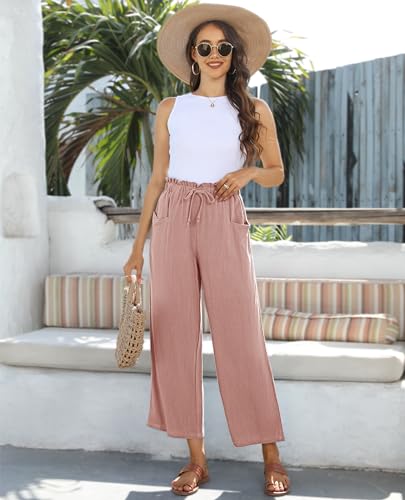 Image of siliteelon Wide Leg Linen Pants for Women Summer Capri Palazzo Flowy Pants Casual Loose High Waist Trousers with Pockets