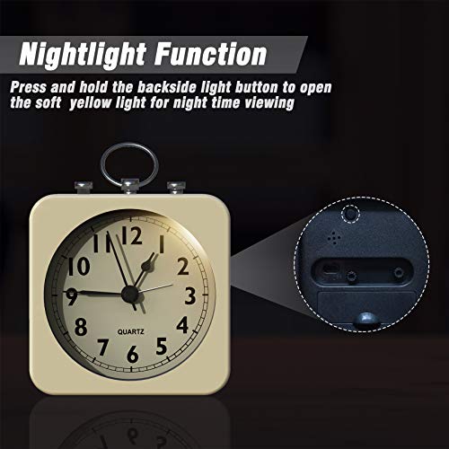 Image of AYRELY Small Metal Alarm Clock, Desk and Table Clock for Travel | Battery Operated Retro Silent Clock with Light for Bedroom, Bedside, Shelf and Living Room Decor (White)