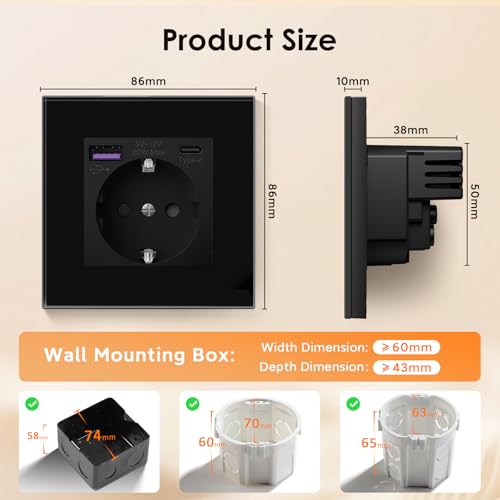 BSEED Schuko Steckdose Mit USB C 20W Schnellladegerät, Wandsteckdose Mit Glas Panel, Unterputz Einbausteckdose Für Phone, Pad, MP3 Und Mehr - Schwarz, 4 Stück