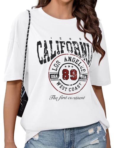 PASUDA Camiseta Manga Corta Mujer Talla Grande Verano Camiseta Oversized Casual Camisetas Algodón Cuello Redondo Loose Estampado Retro T Shirt Básica Suelta tee Top (Blanco, XXL)
