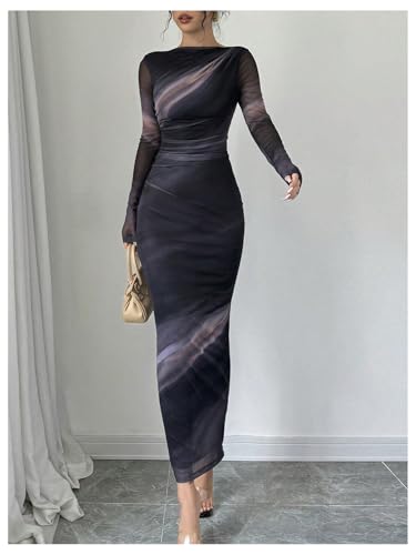 Milumia Women's Tie Dye Boat Neck Long Sleeve Fall Dress Ruched Bodycon Maxi Dresses Cocktail Party4