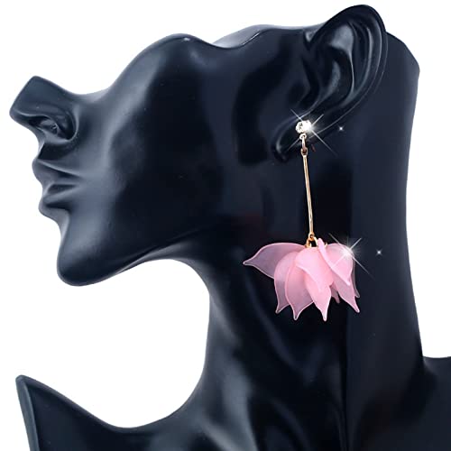 1 Pair Gold Tropical Flower Acrylic Flower Drop Dangle Elegant Bohemian Boho Cute Earring Set Pack Aesthetic Jewelry Kawaii Plastic Colorful Petal Earrings Flat Back Earrings (Pink, One Size) #TOP4