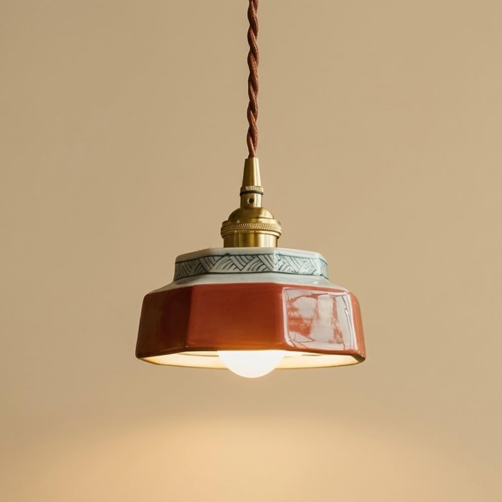 COSRUB Vintage Ceramic Pendant Light Fixture, Mini Octagonal Porcelain Hanging Lamp Mid Century Brass Accent Farmhouse Chandelier for Dining Room Bedroom Cafe(Red)