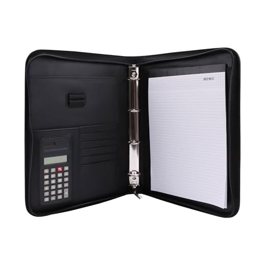 Genie Exclusiv A4 Schreibmappe mit Ringbuch, Taschenrechner, Reißverschluss, inkl. A4-Schreibblock, Lederoptik schwarz