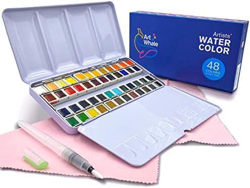 Art Whale Watercolor Paint Set in Half-Pans, 48 colors, Tin Box + Waterbrush – Professional Watercolor Set for Beginners, Artists, Students, Hobby Painters