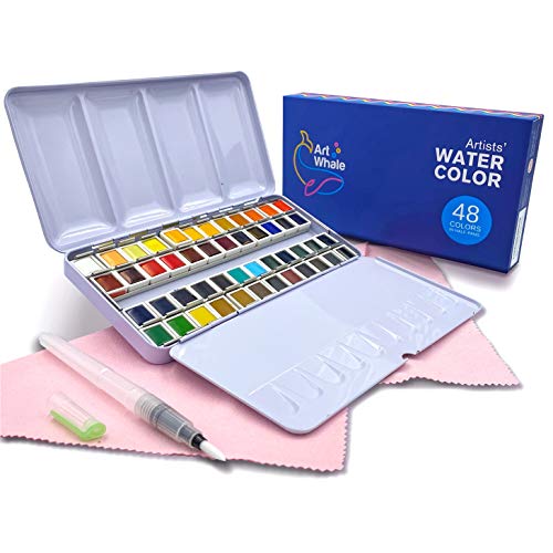 Art Whale Watercolor Paint Set In Half-Pans, 48 Colors, Tin Box + Waterbrush – Professional Watercolor Set For Beginners, Artists, Students, Hobby Painters #TOP30