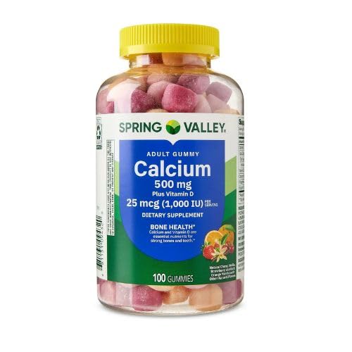 Spring Valley Calcium 500 mg Plus Vitamin D 25 mcg Bone Health Dietary Supplement Gummies 100 Count + DRI Store Sticker.