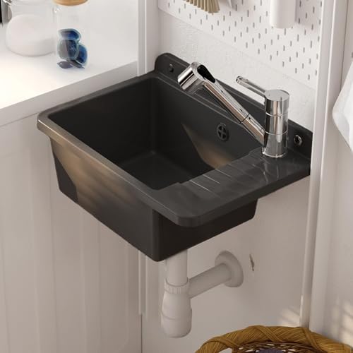 LAXARA Ausgussbecken aus HIPS-Polystyrol korrosionsbeständig Farbe: Graphit mit Armatur | Universal Waschtrog mit Siphon + Überlauf | Spülbecken + Montageset für Waschraum, Garten, Garage, Werkstatt