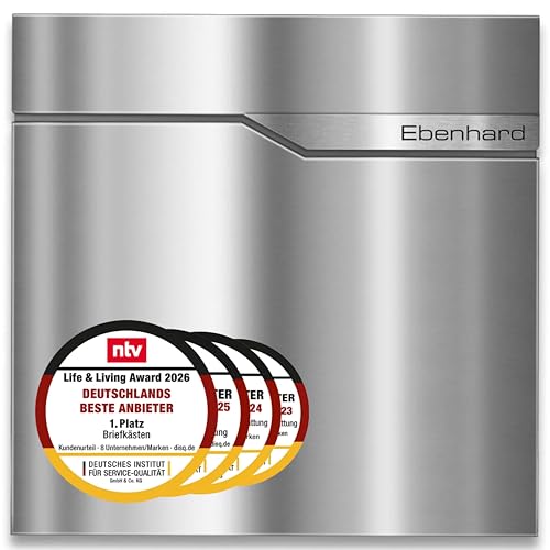 Metzler moderner Briefkasten mit hochwertigem Stahlkorpus & gebürsteter Edelstahlfront, personalisiert mit Edelstahl-Namensschild, Wandbriefkasten mit Zeitungsfach, Postkasten | Ebenhard