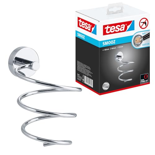 Tesa Smooz Porta Asciugacapelli - Supporto per Asciugacapelli da Parete in Metallo Cromato - Inossidabile - Impermeabile - Colla Rimovibile Inclusa