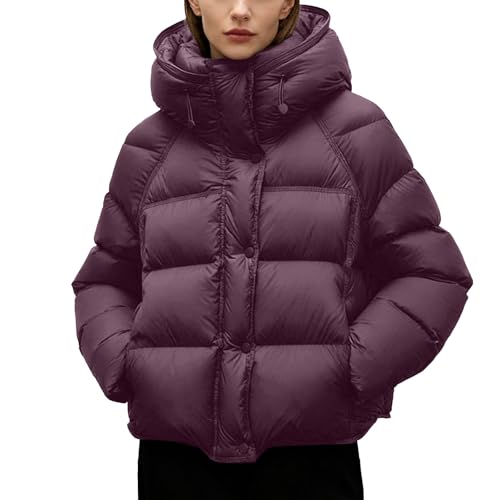 Rrongwn Chaqueta de invierno para mujer, cálida, corta, de plumón, acolchada, ligera, con capucha, abrigo de invierno, morado, M