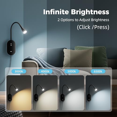 Image of deeloop LED Wall Mount Reading Lamp, CRI 95+ Wall Sconce Light with 10W USB Output,4 Color 5 Dimming Touch Control Wall Lamps with 4 Hours Auto-Off Bed Lighting Spotlight Black