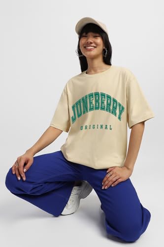 Image of JUNEBERRY Pure Cotton Oversized Drop Shoulder Brand Logo Typography Print Round-Neck Baggy Fit T-Shirt for Women (Available in Navy, Green & Pink Colors)