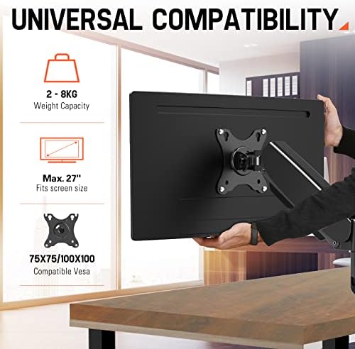Amazon Brand - Eono Single Monitor Arm Desk Mount Height Adjustable Gas Spring Arm PC Monitor Stand Fits up to 27" with VESA 75x75 and 100x100mm Clamp and Grommet Base, Full Motion Monitor Mount PL03