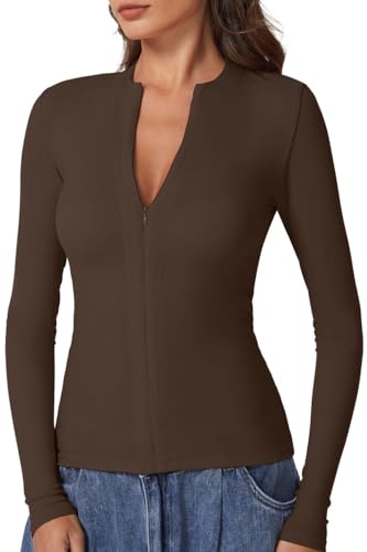 QINSEN Long Sleeve Shirts for Women Crewneck Half Zipper Ribbed Knit Going Out Tops Full Length Basic Tee