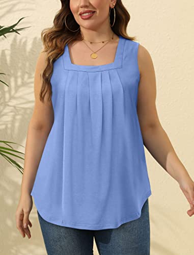 Image of Saloogoe Summer Tank Tops for Women Loose Fit Pleated Square Neck Sleeveless Tops Curved Hem Flowy
