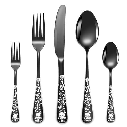 40-Piece Black Skull Silverware Set for 8, Flatware Set Stainless Steel Spoons,Forks,Knife Pattern Unique Design Utensil Sets Tableware Cutlery, Mirror Polished,Dishwasher Safe Decorative Party Suppl
