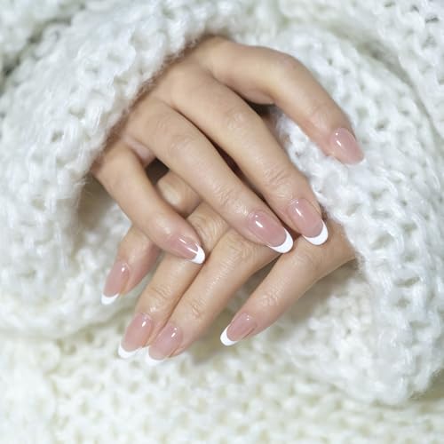 Handmade French Tip Press On Nails Medium Oval Shape Reusable Fake Nail Tips Nude Pink White Edge Nail Art Set for Women with Luxury Gift Box Manicure Kit(M)