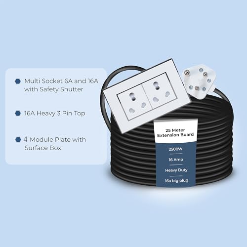 Image of Extension Board Heavy Duty Multi Socket 15A /16A /20A (2500 Watts 16A Big Plug and Two 16A Socket, 25 Meter)