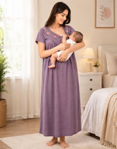 Image of Noty Women's Maternity - Feeding - Nighty | Full Sleeves | Floral Print Maxi | Embroidery Work On Neck with Zip Closure