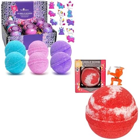 Bath Bombs for Kids with Surprise Toy Inside, 6 Pack Unicorn Bath Toys and 1 Pack Ninja Bubble Bath Bomb, Gentle and Kids Safe, USA Made, Birthday Gift for Kids by Two Sisters Cover