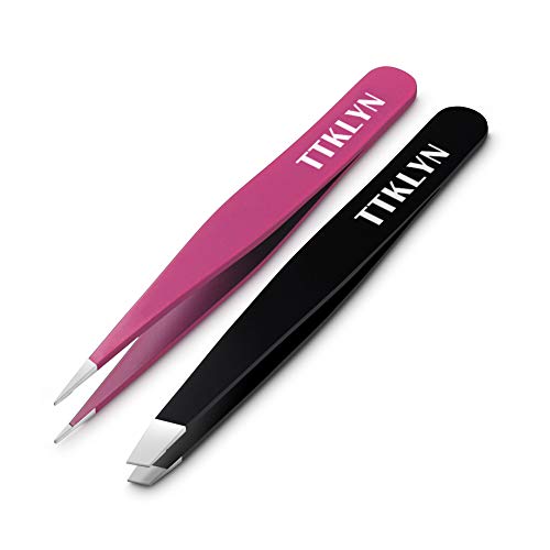 Eyebrow Tweezer Set, TTKLYN Professional Tweezers with Leather Case for Women and Men, Precision Needle Nose Tip, Angle Tip, Slant Tip, Set of 3